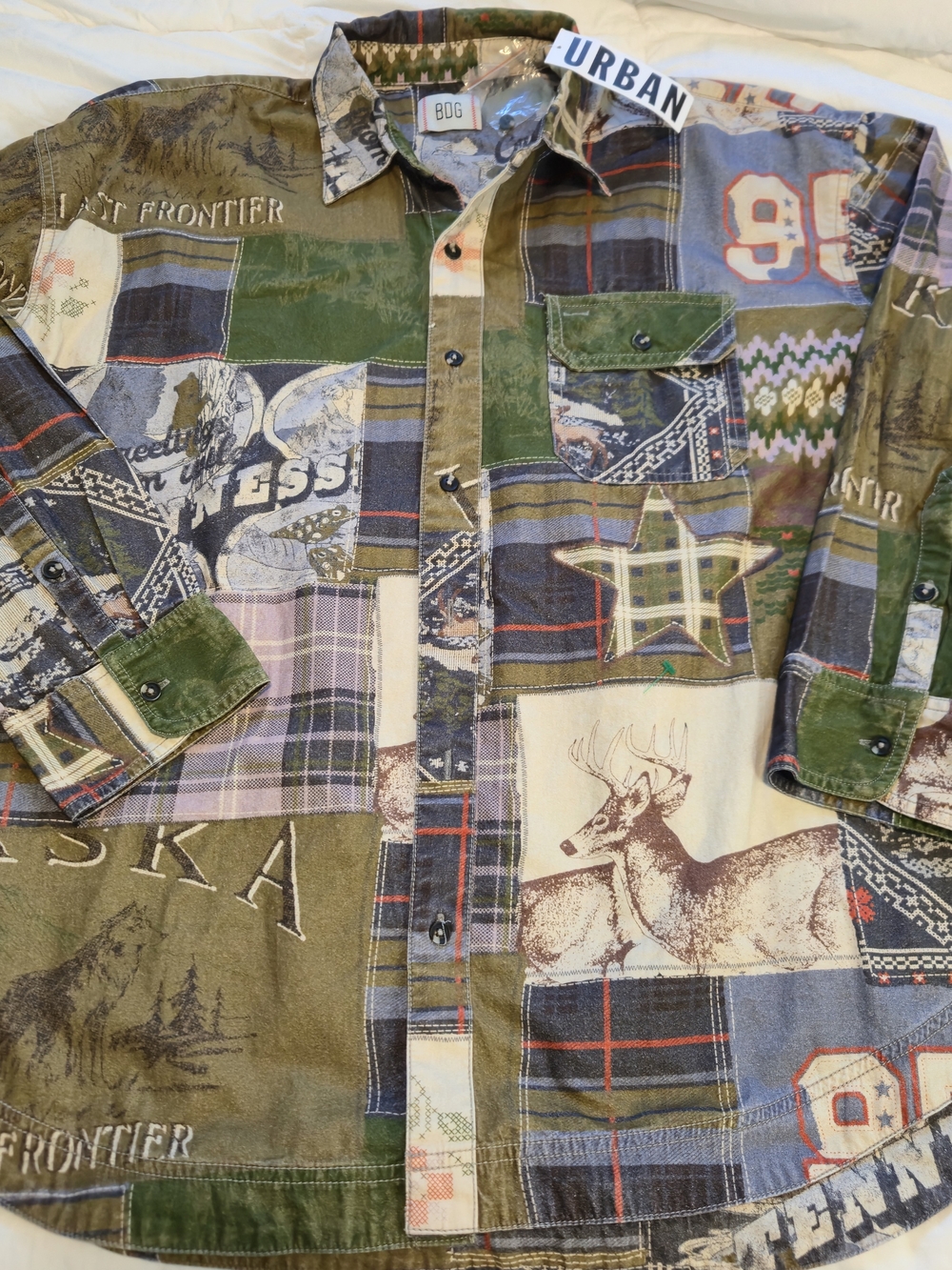 BDG Men's Patchwork Cowboy Shirt in Olive, Green, Blue & Cream 0972